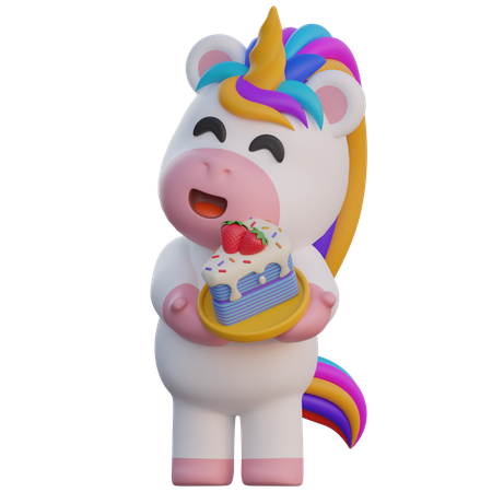 Unicorn Serves Slice Cake  3D Illustration