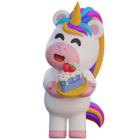 Unicorn Serves Slice Cake  3D Illustration