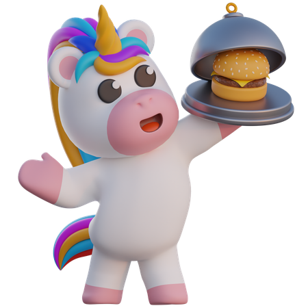 Unicorn Serving Hamburger  3D Illustration