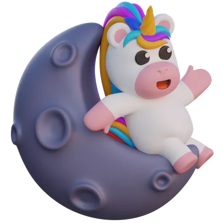 Unicorn Sitting on the Moon  3D Illustration