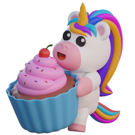 Unicorn With Cupcake  3D Illustration