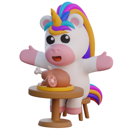 Unicorn With Grilled Chicken Dish  3D Illustration