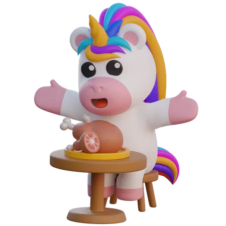 Unicorn With Grilled Chicken Dish  3D Illustration