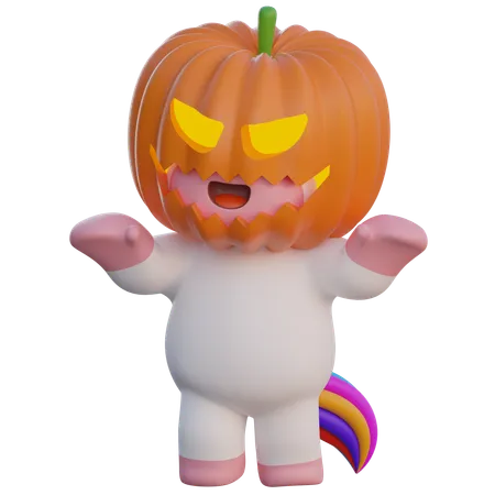 Unicorn with Pumpkin Head Costume Halloween  3D Illustration