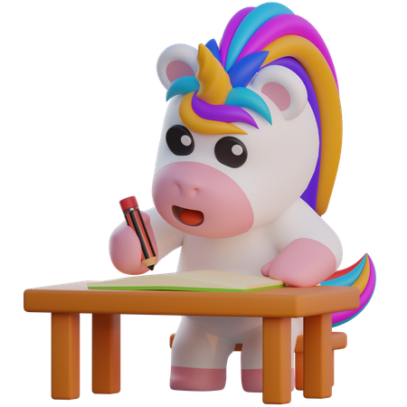Unicorn Writing On The Table  3D Illustration