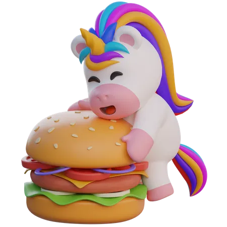 Unicornio abrazando una hamburguesa  3D Illustration