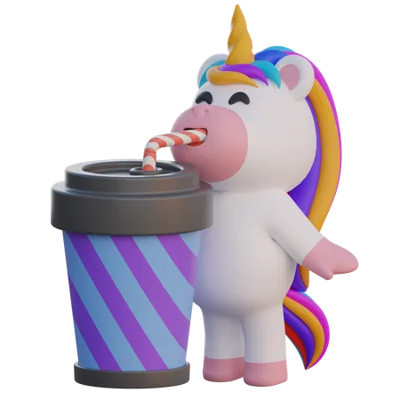 Unicornio bebiendo un refresco enorme  3D Illustration