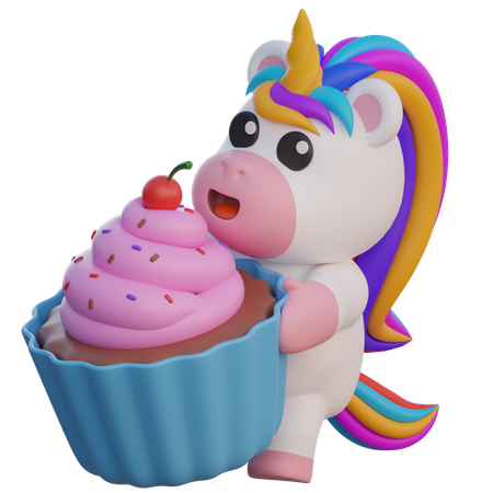 Unicórnio com cupcake  3D Illustration