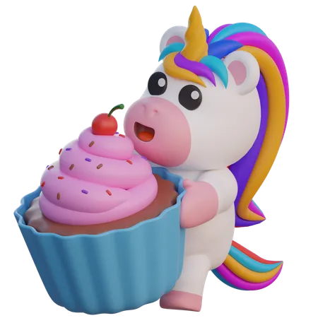 Unicórnio com cupcake  3D Illustration