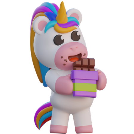 Unicornio comiendo barra de chocolate  3D Illustration