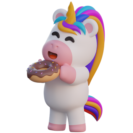 Unicornio comiendo donut de chocolate  3D Illustration