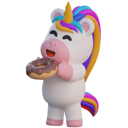 Unicornio comiendo donut de chocolate  3D Illustration