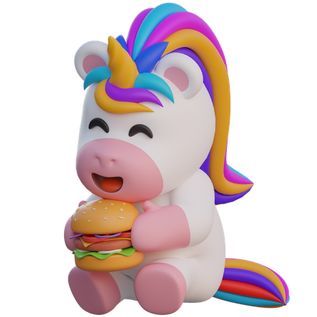 Unicornio comiendo hamburguesa  3D Illustration