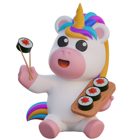 Unicornio comiendo kimbap  3D Illustration