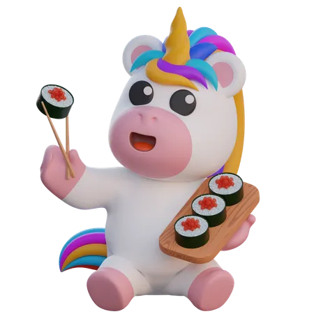 Unicornio comiendo kimbap  3D Illustration