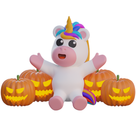 Unicornio con cabeza de calabaza decoraciones de Halloween  3D Illustration