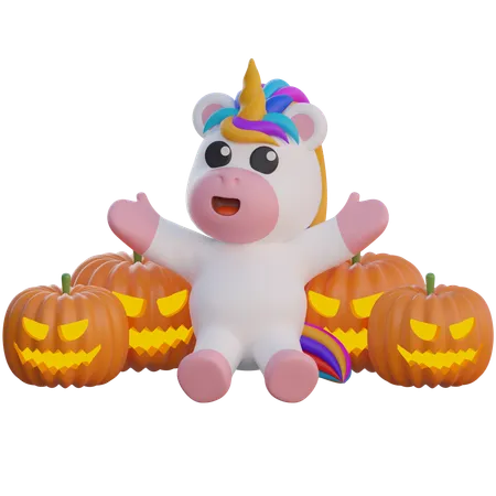 Unicornio con cabeza de calabaza decoraciones de Halloween  3D Illustration