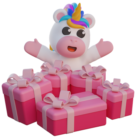 Unicornio con muchas cajas de regalo  3D Illustration