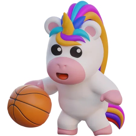 Unicornio regateando una pelota de baloncesto  3D Illustration