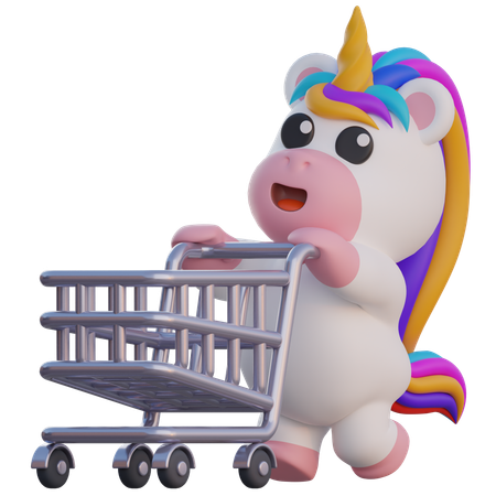 Unicornio empujando un carrito de supermercado  3D Illustration