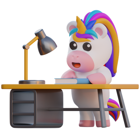 El unicornio está estudiando en el escritorio.  3D Illustration