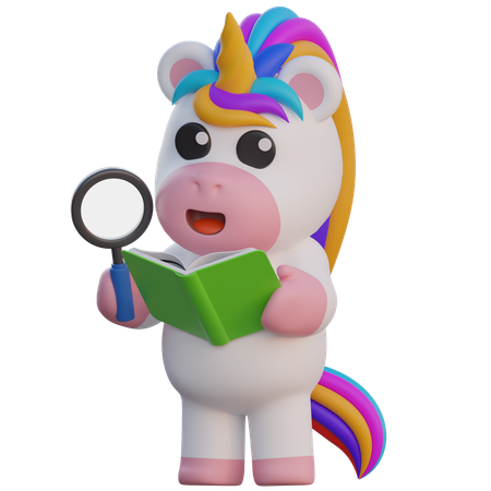 Unicornio investigando un libro  3D Illustration