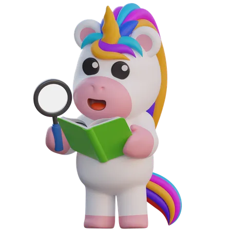 Unicornio investigando un libro  3D Illustration