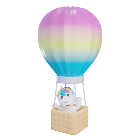 Unicornio montando globo aerostático  3D Illustration