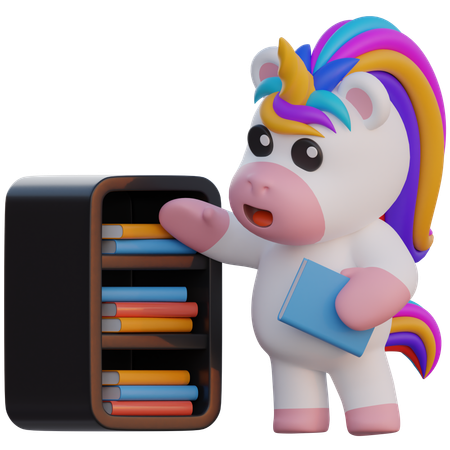 Unicornio organiza libros  3D Illustration