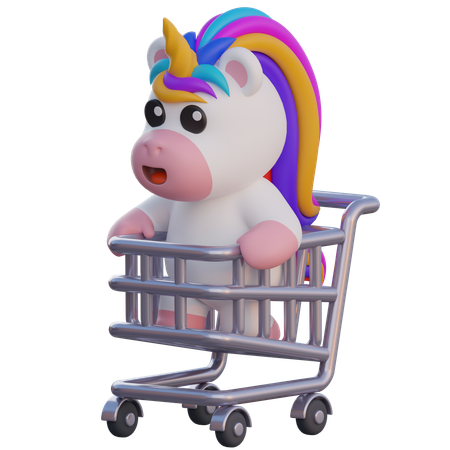 Unicornio sentado en el carrito de compras  3D Illustration