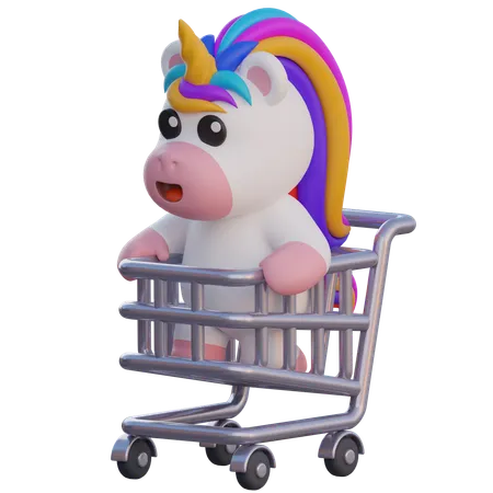 Unicornio sentado en el carrito de compras  3D Illustration