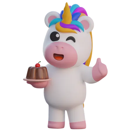 El unicornio sirve pudin de chocolate  3D Illustration