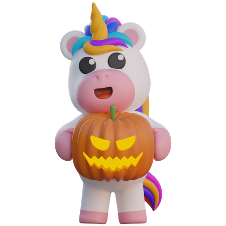 Unicornio sosteniendo una cabeza de calabaza para Halloween  3D Illustration