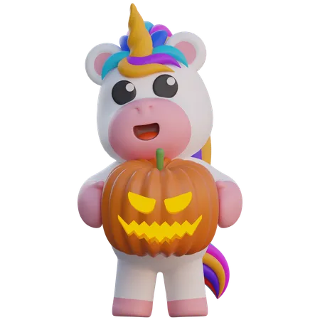 Unicornio sosteniendo una cabeza de calabaza para Halloween  3D Illustration