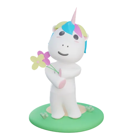 Unicornio sosteniendo flor  3D Illustration