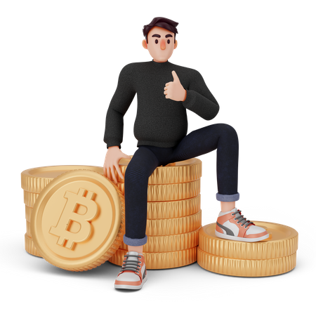 Unique guy sitting on bitcoin stack  3D Icon