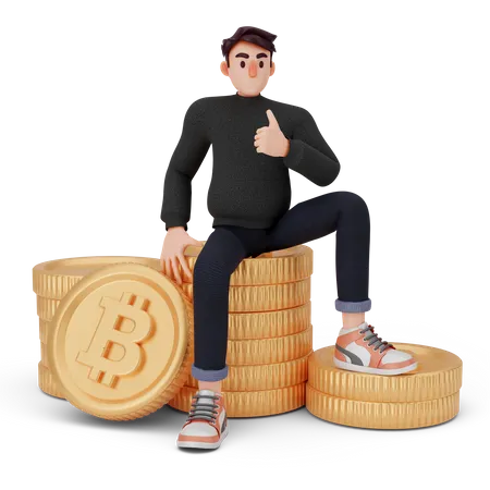 Unique guy sitting on bitcoin stack 3D Illustration