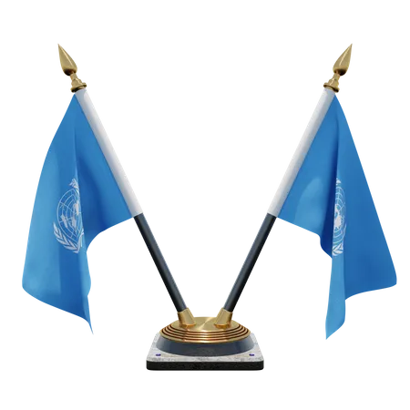 United Nations Double Desk Flag Stand  3D Flag
