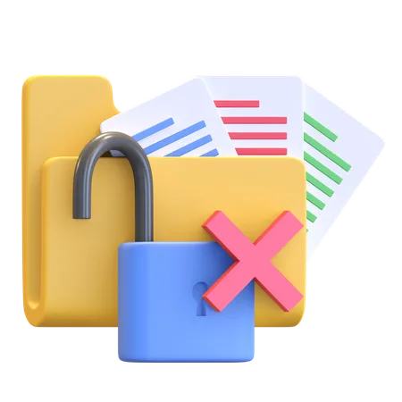 Document Folder Data Protection Not Secured With Unlocked Padlock And Cross Symbol Icon 3 D Render Illustration 3D Illustration