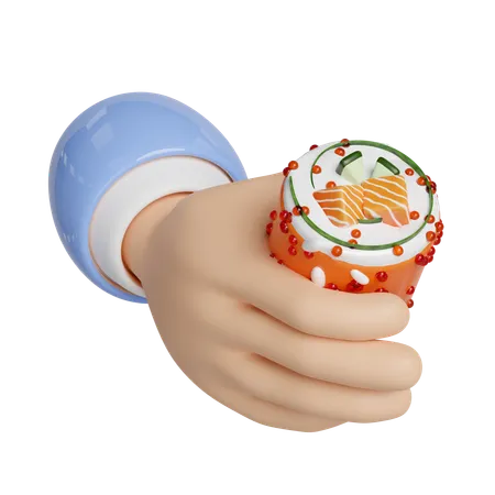 3 D Hand Hold Uramaki Sushi Japanese Food Isolated Concept 3 D Render Illustration 3D Icon