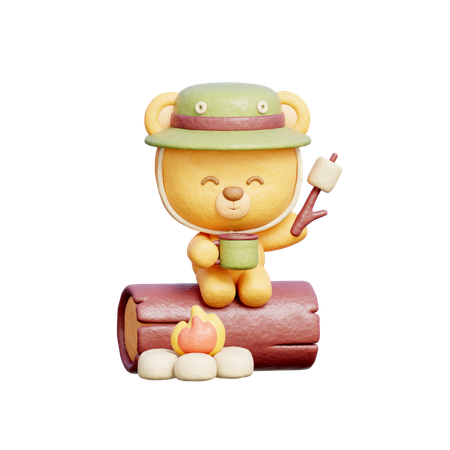 Urso fofo assando marshmallow na fogueira  3D Illustration