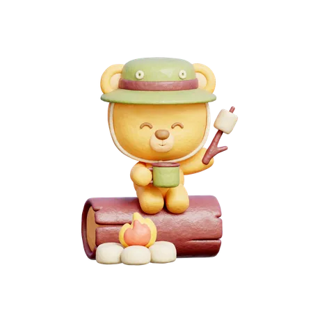 Urso fofo assando marshmallow na fogueira  3D Illustration