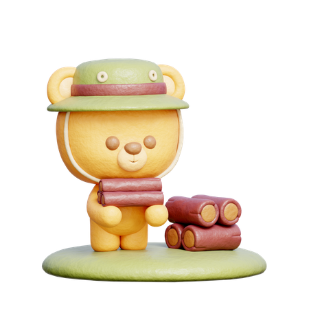 Urso fofo com toras de madeira  3D Illustration