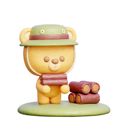 Urso fofo com toras de madeira  3D Illustration