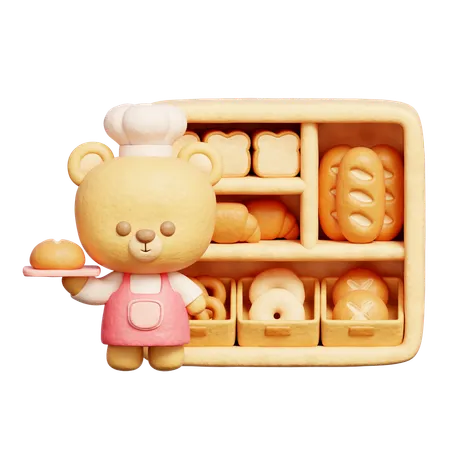 Urso fofo usa uniforme de chef segurando pão  3D Icon