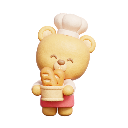 Urso fofo usa uniforme de chef segurando pão  3D Icon