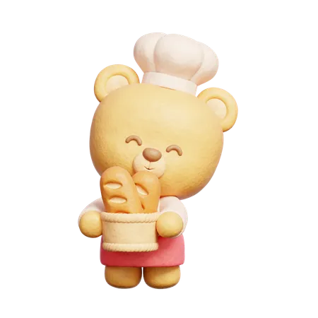 Urso fofo usa uniforme de chef segurando pão  3D Icon