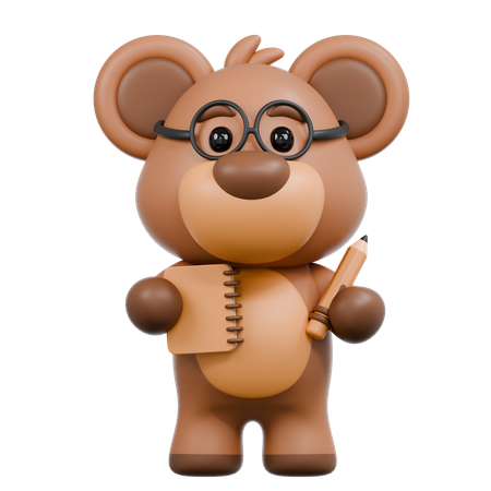 Urso traz bilhete e lápis  3D Illustration