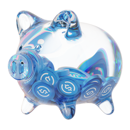 USDC-Sparschwein aus klarem Glas mit abnehmendem Stapel an Kryptomünzen  3D Icon