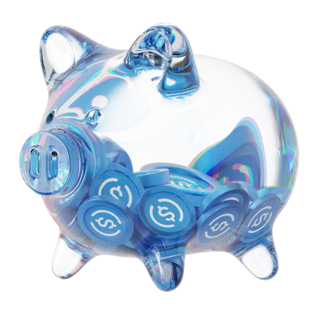 USDC-Sparschwein aus klarem Glas mit abnehmendem Stapel an Kryptomünzen  3D Icon